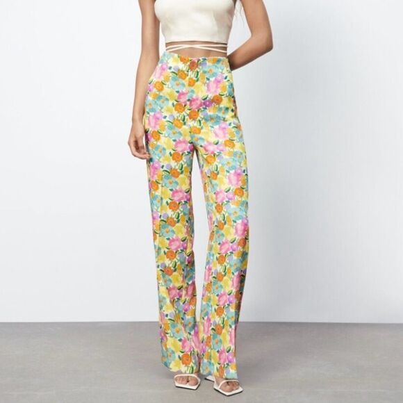 Zara Satin Effect High Waist Floral Print Pants
